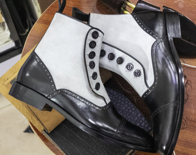 Handmade Men's Cap Tone Leather and Suede Boot,Ankle High white and black Button Boot,