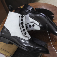 Handmade Men's Cap Tone Leather and Suede Boot,Ankle High white and black Button Boot, - Thumbnail 1