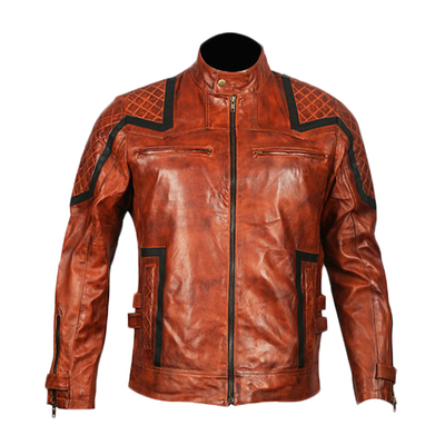 Mens biker leather jacket bright brown stripped lines quilted leather jacket