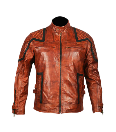 Mens Biker Leather Jacket Bright Brown Stripped Lines Quilted Leather Jacket
