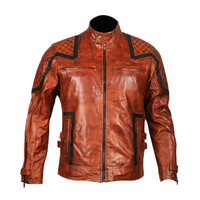 Mens Biker Leather Jacket Bright Brown Stripped Lines Quilted Leather Jacket - Thumbnail 1