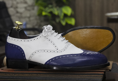 New Handmade Oxford Wingtip Brogue Dress Shoes Men,s Leather Blue & White shoes,