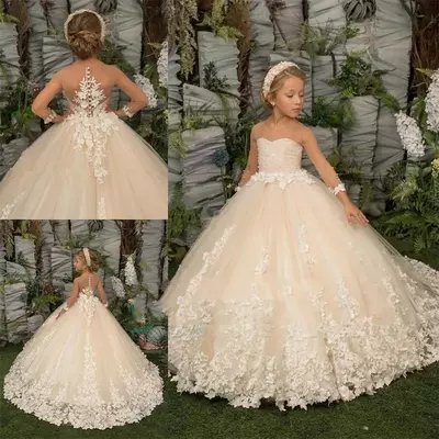 Flower girls dresses vintage gown with bow kids girl wedding party first communion ball 