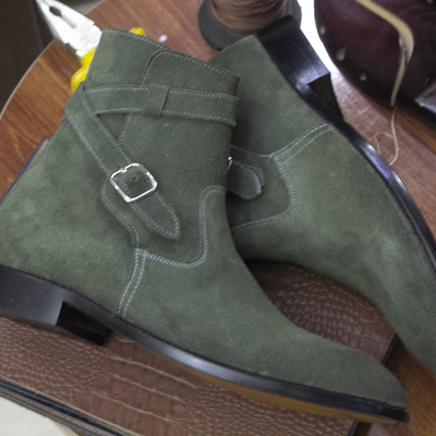 new handmade jodhpurs ankle high leather boots for men,suede green boots'