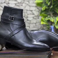 New Handmade Men"s Jodhpurs Leather Ankle Black High Boot"s - Thumbnail 2