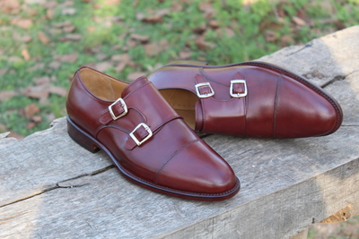 Crafted Leather Men Burgundy Leather Handmade Stylish Fashion Buckle Strap Monk Shoes
