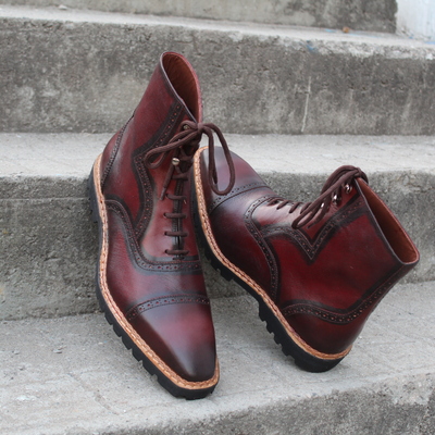Crafted leather handmade burgundy leather made to order ankle high lace up boot - Thumbnail 5