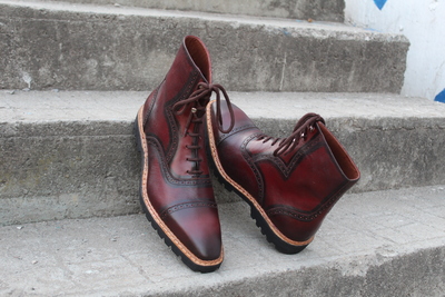 Crafted Leather Handmade Burgundy Leather Made to Order Ankle High Lace up Boot