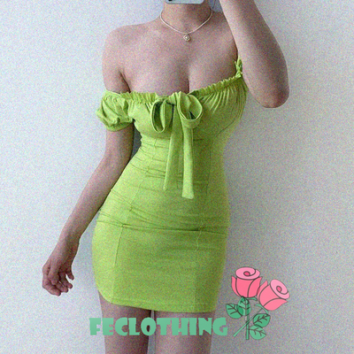 (no refund and exchange)green one shoulder tie summer dress - Thumbnail 5