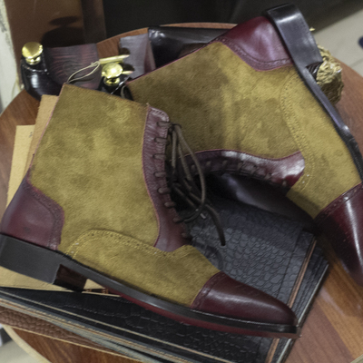 Handmade awesome men's ankle high burgundy brown lace up leather & suede cap toe boots