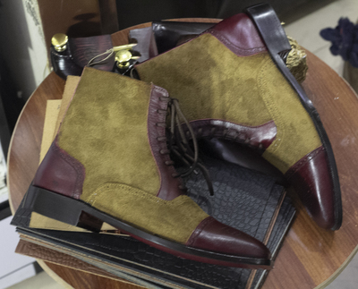 Handmade Awesome Men's Ankle High Burgundy Brown Lace Up Leather & Suede Cap Toe Boots