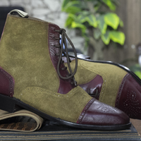Handmade Awesome Men's Ankle High Burgundy Brown Lace Up Leather & Suede Cap Toe Boots - Thumbnail 1