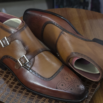 Handmade men's new double monk strap pointed brogue toe boots tan leather buckle boot,