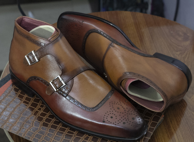 Handmade Men's New Double Monk Strap Pointed Brogue Toe Boots Tan Leather Buckle Boot,