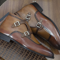 Handmade Men's New Double Monk Strap Pointed Brogue Toe Boots Tan Leather Buckle Boot, - Thumbnail 1