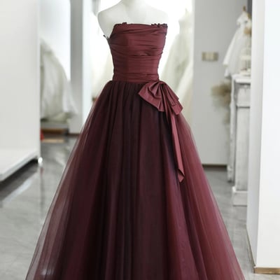 Burgundy satin tulle floor length prom dress - Thumbnail 1