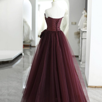 Burgundy Satin Tulle Floor Length Prom Dress - Thumbnail 1
