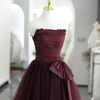 Burgundy Satin Tulle Floor Length Prom Dress - Thumbnail 2