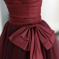 Burgundy Satin Tulle Floor Length Prom Dress - Thumbnail 3