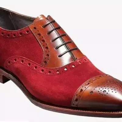 Handmade men two tone red brown oxford brogue cap toe suede genuine leather lace