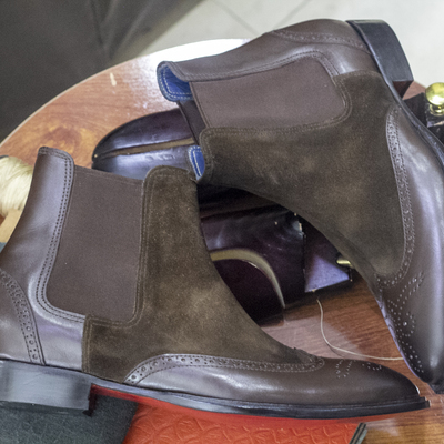 Handmade dark brown men's boots, chelsea boots,ankle high suede leather boots,