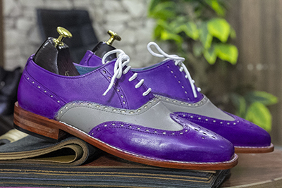 Handmade Men's Wing Tip Shoes Lace Up Brogue Shoes,Purple Gray Leather 