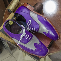Handmade Men's Wing Tip Shoes Lace Up Brogue Shoes,Purple Gray Leather  - Thumbnail 1