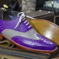 Handmade Men's Wing Tip Shoes Lace Up Brogue Shoes,Purple Gray Leather  - Thumbnail 2