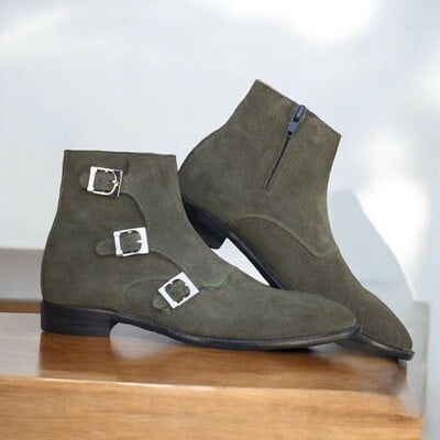 Handmade ankle high triple buckle green suede boot side zipper for men's