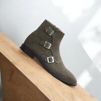 Handmade Ankle High Triple Buckle Green Suede Boot Side Zipper For Men's - Thumbnail 1