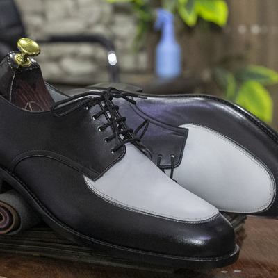  handmade lace up derby men's two tone leather shoes, apron toe dress leather shoes