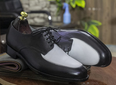  Handmade Lace Up Derby Men's Two Tone Leather Shoes, Apron Toe Dress Leather Shoes