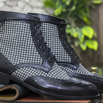 Handmade awesome leather & tweed boot, ankle high black classic boot, fashion boot for men's