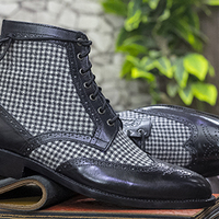 Handmade Awesome Leather & Tweed Boot, Ankle High Black Classic Boot, Fashion Boot For Men's - Thumbnail 1