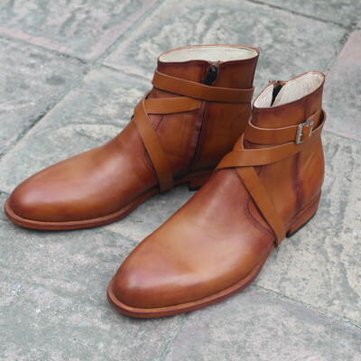 Crafted leather handmade men brown leather ankle high cross buckle strap classic jodhpur boots  - Thumbnail 5