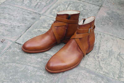 Crafted Leather Handmade Men Brown Leather Ankle High Cross Buckle Strap Classic Jodhpur Boots 