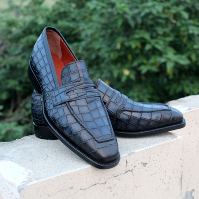 Crafted leather handmade blue crocodile loafer slip on stylish dress shoes - Thumbnail 4