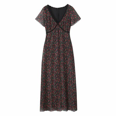 Holiday style rose print slim waist maxi dress v-neck dress - Thumbnail 5