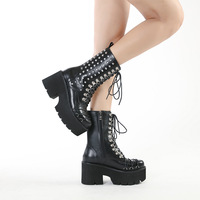 Punk Rivets Lace Up Heeled Boots - BLACK - Thumbnail 4