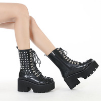 Punk Rivets Lace Up Heeled Boots - BLACK - Thumbnail 1
