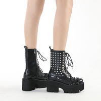 Punk Rivets Lace Up Heeled Boots - BLACK - Thumbnail 2