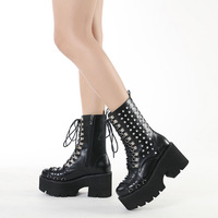 Punk Rivets Lace Up Heeled Boots - BLACK - Thumbnail 3
