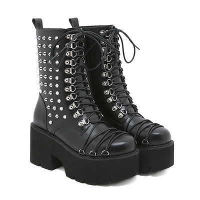 Punk rivets lace up heeled boots - black