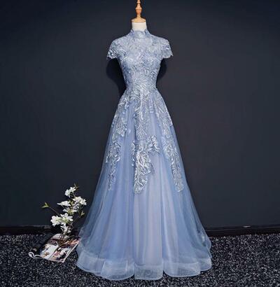 Modest High Neck Dusty Blue Long Short Sleeve Evening Dresses