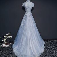 Modest High Neck Dusty Blue Long Short Sleeve Evening Dresses - Thumbnail 1