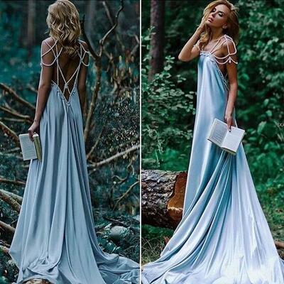 Dusty blue pearl back long evening dresses