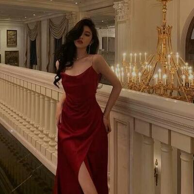 Simple a line straps dark red satin prom dresses - Thumbnail 3