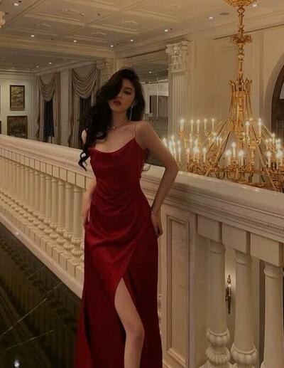 Simple A line Straps Dark Red Satin Prom Dresses