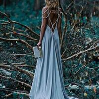 Dusty Blue Pearl Back Long Evening Dresses - Thumbnail 3
