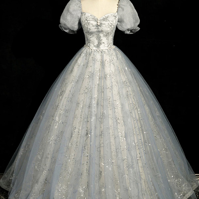 Gray tulle lace floor length prom dress - Thumbnail 1